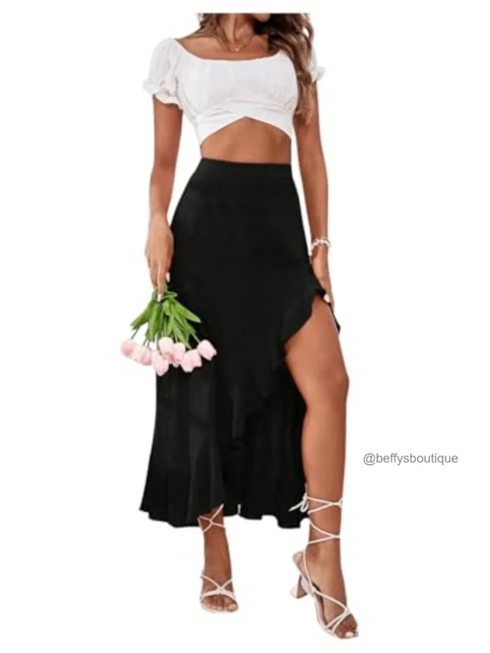 Boho Floral High Waisted Ruffle Maxi Skirt Split Thigh Swing Summer